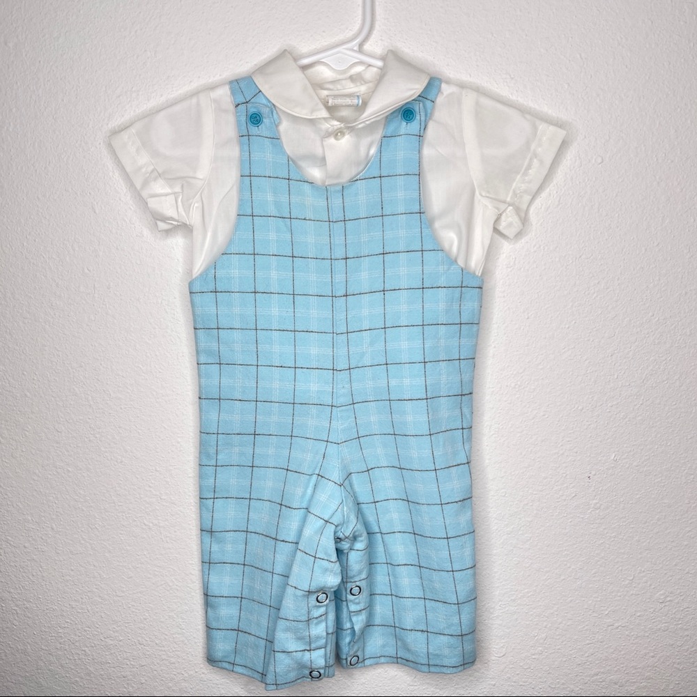 Jack & teddy baby blue overalls romper Jon Jon Sz 6mo